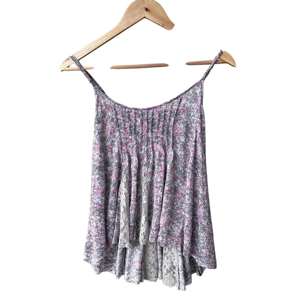 Free People Floral Lace Trimmed Asymmetrical Cami Top Women Size Small Pink Gray